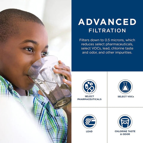 Child drinking water with text about advanced filtration removing impurities and sediment, compatible with GXRLQ Filtration Systems GXRLQR GXK185K GX1S50R