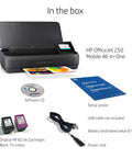 OfficeJet 250 Wireless Mobile Printer Scanner Copier With Battery Included All In One On The Go, box contents displayed