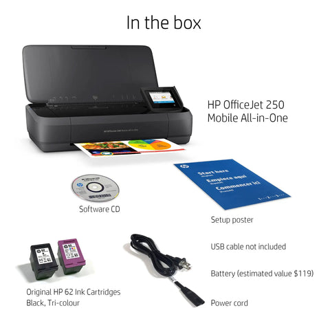OfficeJet 250 Wireless Mobile Printer Scanner Copier With Battery Included All In One On The Go, box contents displayed