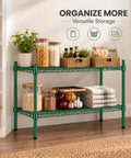 Badass Two Shelf Heavy Duty Wire Shelving Unit, 14x60x27 Green Epoxy NSF Rack For Kitchen Garage, Adjustable And Legit Storage Solution That Handles Heavy Loads Without Breaking Sweat with jars and baskets.