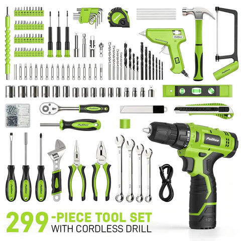 Hella Durable 299 Piece Tool Set With 12V Cordless Drill And Slick Hand Tools, Portable Toolbox With Drawer for storage and repairs.