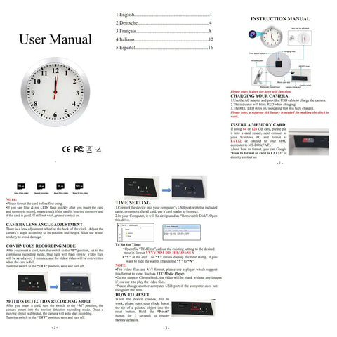 User manual for Discreet Eight Point Seven Inch Wall Clock Hidden Camera 1080P Spy Nanny Cam showing setup instructions.