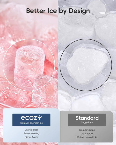 Smart Nugget Ice Maker For Countertop With Smartphone App Control And A Spacious 1.14 Gallon Side Tank serving clear cylinder and nugget ice comparison.