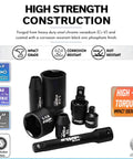 Half Inch Drive Impact Socket Set With 65 Piece Deep And Shallow Sockets SAE And Metric Sizes Adapters And Ratchet Handle Included Includes Three Extension Bars For Maximum Reach And Versatility showing socket features