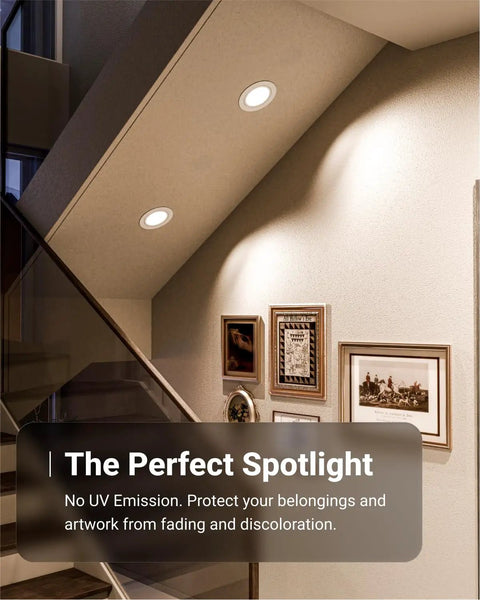 Interior hallway with Canless 6 Inch Recessed LED Eyeball Gimbal Lights Pack Of 6 Ultra Slim, spotlighting framed artwork.