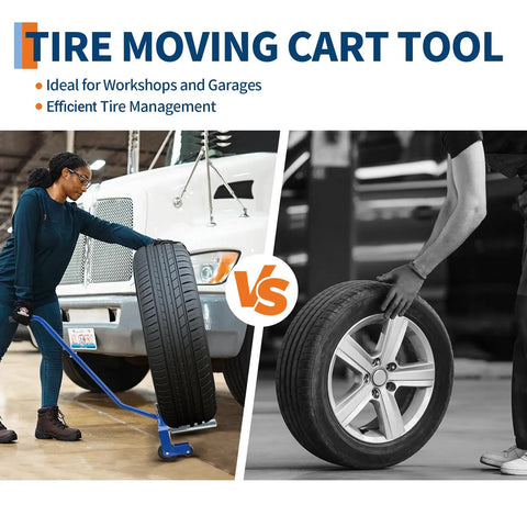 Heavy Duty Adjustable Tire Moving Cart That Handles 500 Lbs Like A Champ, lifting a large tire in a garage.