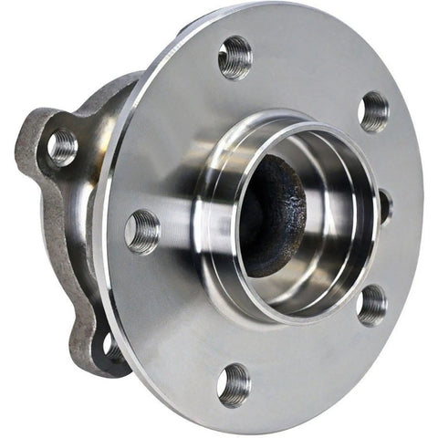 Built Damn Tough Heavy Duty Rear Wheel Bearing And Hub Assembly For BMW X2 showing a polished metal hub with mounting holes, designed for easy installation.