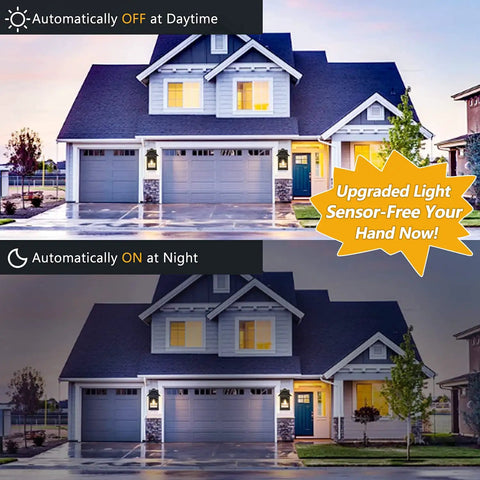 Two Pack Solar Motion Sensor Outdoor Wall Lanterns For Dusk To Dawn Porch Lighting on garage wall, day and night view.