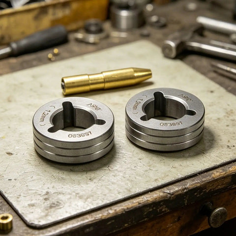 Premium Dual Size V Groove Drive Roll Kit With.030 And.035 Mig Welder Wire Feeder Gears on workbench with brass fitting.