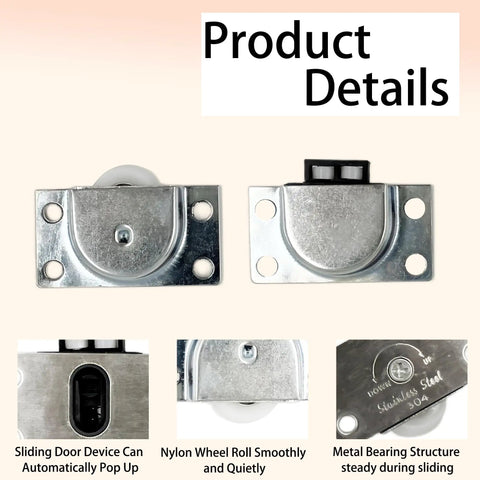 Two Pack Sliding Door Roller Wheels Delivering Super Slick Gliding Action And Effortless Ride For Wardrobe Closet Cabinets With Durable Stainless Steel Shells And Zero Hassle Replacement Parts, showing detailed views of nylon wheel and stainless steel base.