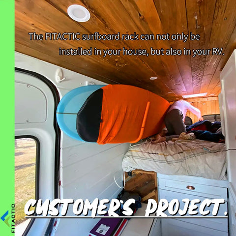 Wall Mounted Snowboard Surfboard Rack Set Vertical Wall Hanger Show off your Setup with surfboard in RV interior.
