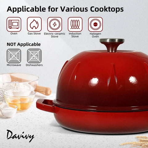 5 Quart Cast Iron Dutch Oven For Sourdough Baking With Domed Enamel Lid Round Bread Oven In Cherry Red Includes Silicone Bread Sling Perfect For Crusty Boules And Artisan Loaves displayed with cooking icons