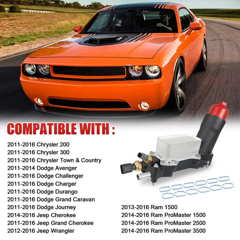 Heavy Duty Full Aluminum Engine Oil Cooler And Filter Housing Kit With Sensors And Seal Set For Dodge Chrysler And Jeep 3.6L Rigs on orange muscle car