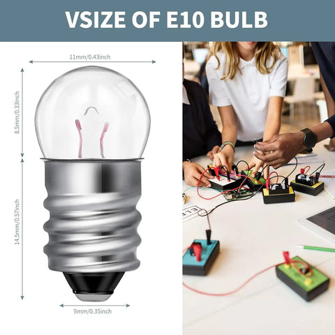 E10 bulb dimensions shown beside people using models in circuit projects, highlighting 20 Pack Real Deal E10 Miniature Screw Light Bulbs 2.5V 0.3A Tiny Replacement Warm Glow for Toy Cars and Circuit Models Rock Solid E10 Socket Mini Bulb Haul.