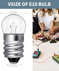 50 Pack E10 Miniature Screw Base Light Bulbs 3.8 Volt 0.3 Amp Mini Pilot Lamps showing size and classroom use.