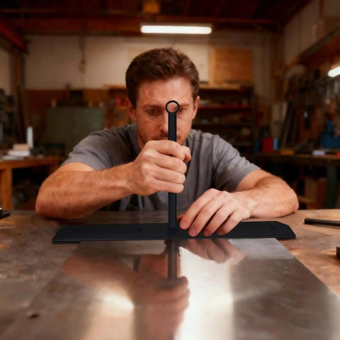 Person using Heavy Duty Sheet Metal Hemming Tool For Roofing Panels And HVAC Ducts 15.25 Inch Pro Grade Metal Bender in workshop.