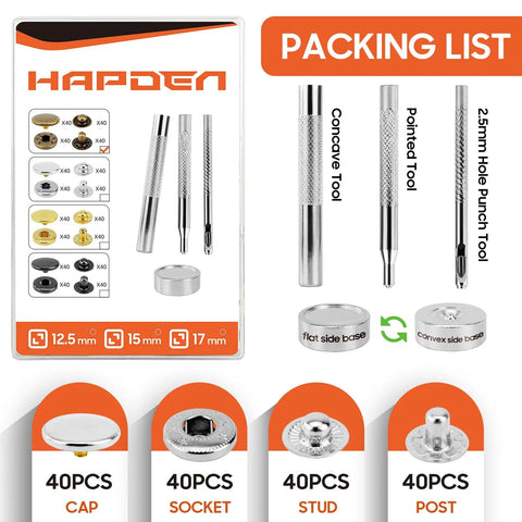 Forty Premium Silver 17Mm Metal Snap Fasteners With Pro Grade Setting Tools For Leather Goods Denim Jackets Canvas Bags And No Sweat Diy Mods That Grip Tight, packing list with tools and snaps.