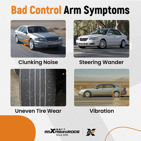 Bad control arm symptoms showing clunking noise, steering wander, uneven tire wear, and vibration effects.