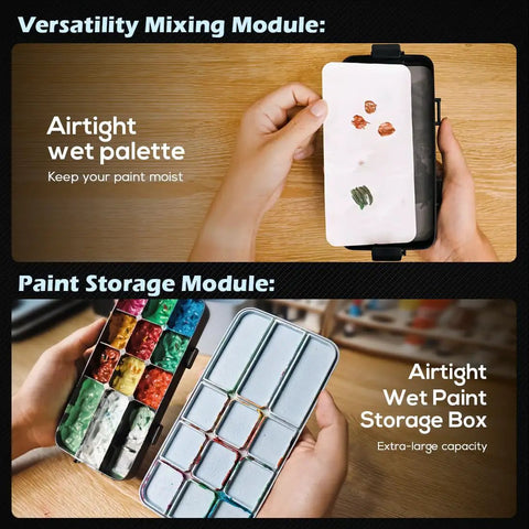 Hands holding Portable All In One Modular Painting Station With Wet Palette, Brush Cleaners, Holders And Lid For Miniatures And Warhammer Hobbyists, Compact Setup For Acrylic Paints, Easy Organization And Quick Cleanup