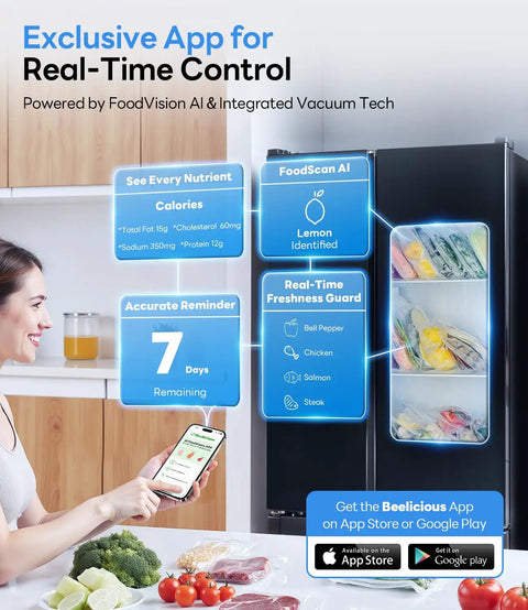 Woman using a smartphone app for food tracking beside a fridge, showing vacuum-sealed food packages and nutritional information display.
