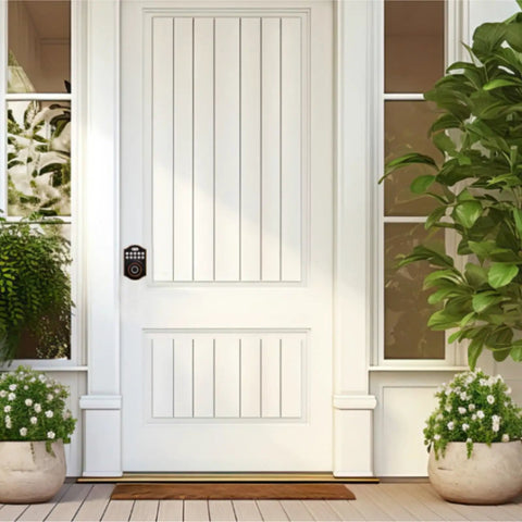 No Sweat Smart Fingerprint Door Lock Featuring Keyless Entry Deadbolt And Electronic Touchscreen on a white front door.