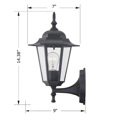 Rock Solid Black Outdoor Wall Sconce For Porch Lighting Fixture With Durable Metal Housing And Clear Glass Shade E26 Base Supports Up To Sixty Watt Max Bulbs Hella Weatherproof For Wet Locations Straight Up Classic Exterior Accent Lamp showing dimensions 14.38 x 9 x 7 inches.
