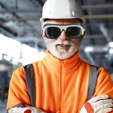 Heavy Duty Welding Safety Glasses And Protective Goggles 10 Pack Featuring Auto Darkening Lenses worn by a worker in an orange jacket.