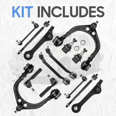 Heavy Duty Front Suspension Upgrade Kit Built Tough As Nails With Rock Solid Control Arms in black finish, includes various components.