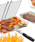 Two Piece Outdoor Grill Basket Set With Removable Wooden Handles, Stainless Steel BBQ Grilling Baskets filled with meat and veggies.