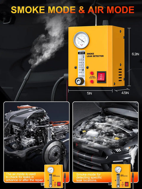 Top Tier Automotive Smoke Machine Leak Detector With Heavy Duty Air Pump And Precision Gauge, showing dual modes and smoke detection in action.