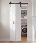 30 By 84 Inch White Bifold Barn Doors With Slick Hardware Kit For Smooth Interior Closet Glides No Sweat Install Serious Space Saving Design Total Room Refresh in open position.