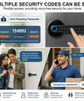 Rock Solid 5 In 1 Fingerprint Smart Lock With Keyless Deadbolt Setup showing multiple security code options and app control features.