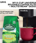 My K Cup Reusable Filter With MultiStream Technology for Ground Coffee used in Keurig brewer with red mug and coffee bag