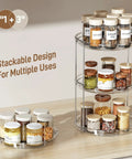 Smooth Spinning Two Tier Lazy Susan Turntable Organizer For Kitchen Pantry Fridge And Bathroom Vanity Spice Rack Storage Total No Fuss Slick Compact 9.25 Inch Dual Pack System with jars on stacked clear bases.