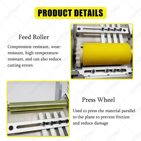 Product details of Dead Nuts Precise Electric Heat Shrink Tube Cutter showing yellow feed roller and green press wheel components.