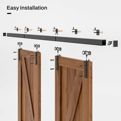 Double Barn Door Hardware with aluminum box rail and mounts, designed for easy installation of two wooden doors.