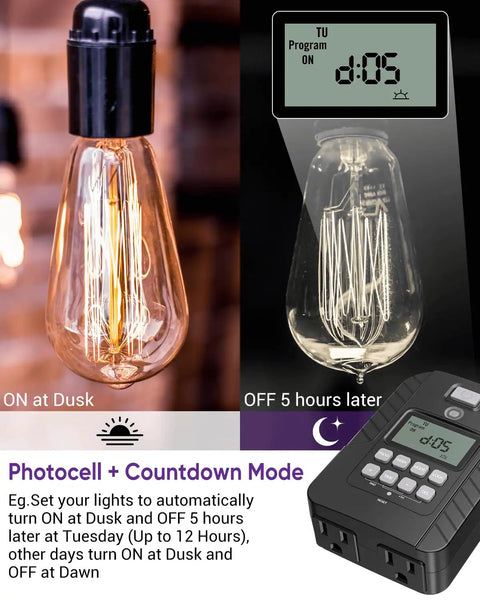 Rock Solid Outdoor Programmable Timer Featuring Weather Sealed Dual Grounded Outlets And Automatic Photocell Switches For Porch Lighting showing light on and off settings.