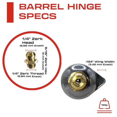5 Inch Weldable Bullet Hinge Heavy Duty Teardrop Barrel Hinge With Grease Zerks specifications showing dimensions and materials