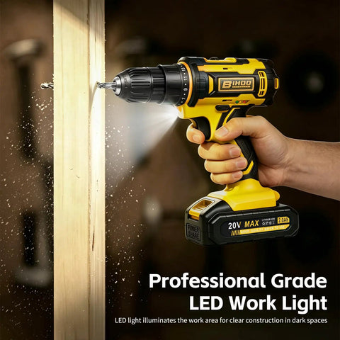 Image of the 20 Volt Cordless Drill And Driver Combo Pack With Long Lasting Battery And Quick Charge Adapter in use, showing LED light illuminating work area.