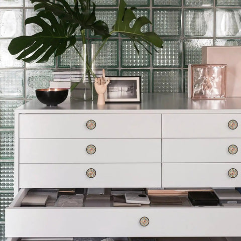 Six Pack Vintage Crystal And Ceramic Drawer Knobs Featuring Bold Red Yellow Mosaic Tile Designs On Simple White Mounts To Bring Fresh Bohemian Swag To Your Kitchen Drawers Or Bathroom Vanities.
