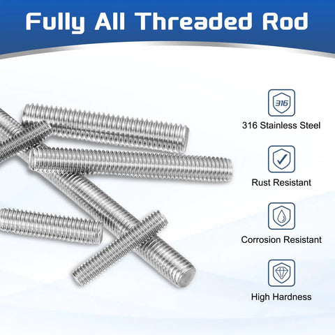 Four Pack M12x55mm Fully Threaded Rod 316 Stainless Steel Right Hand All Thread Screw Studs For Furniture Assembly Fastening