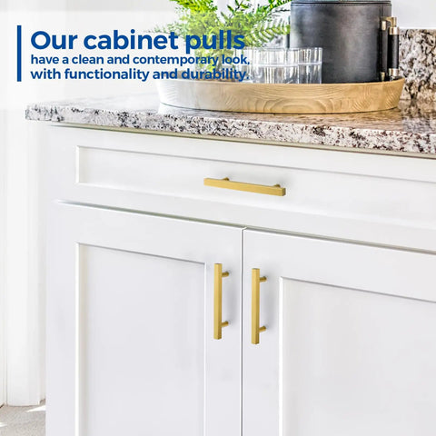 Top Tier Brushed Brass Cabinet Pulls Square Face Design 4 Inch Centers With Solid Mounting Hardware To Guss Up Your Favorite Kitchen Space 30 Hardware Set on white cabinetry.