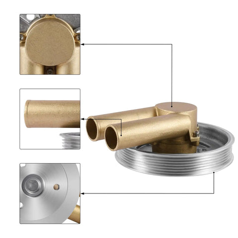 Raw Water Pump And Serpentine Belt Pulley For Boat Motors Featuring Tough Nsk Bearings, stainless hardware and gasket set, detailed view.