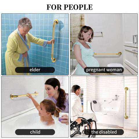 Image showcasing Straight Up Heavy Duty Brushed Gold Grab Bar 32 Inch Shower Safety Handrail for elder, pregnant woman, child, disabled.
