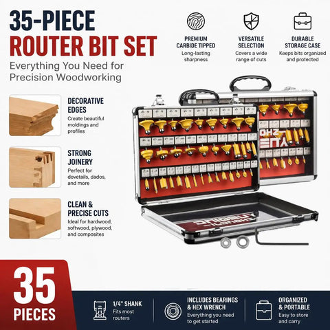 Open case showing 35-piece router bit set for woodworking with 1/4 inch shank, carbide tips for clean cuts, American standard sizing.