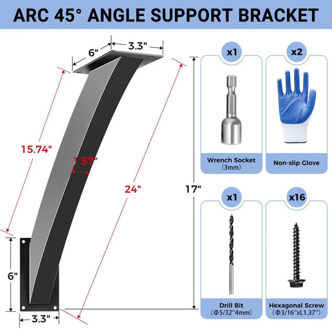 Heavy Duty Arc 45 Degree Pergola Bracket Kit For 4x4 Posts Built Tough Wood Post And Beam Support Brackets 2 Pack shown with accessories