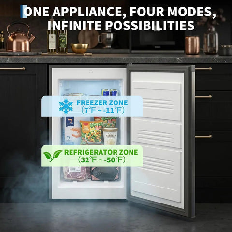 Built Tough 3.1 Cu Ft Upright Freezer Freestanding Deep Chill Unit showcased with freezer and refrigerator zones visible.