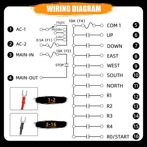 Wireless crane remote wiring diagram with 16 terminals and two connector tips (1-2, 3-16)