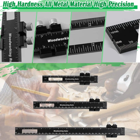 Pocket Woodworking Ruler With Adjustable Sliding Head And Locking Stop, Engineers Grade Marking Ruler