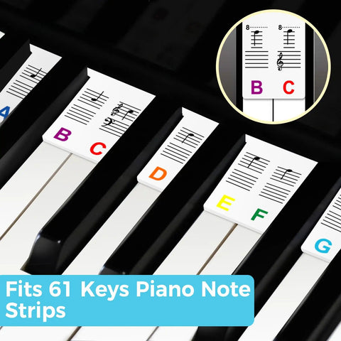 61 Key Note Sticker Guide Labels for Digital Keyboard, waterproof silicone, color-coded strips on piano keys